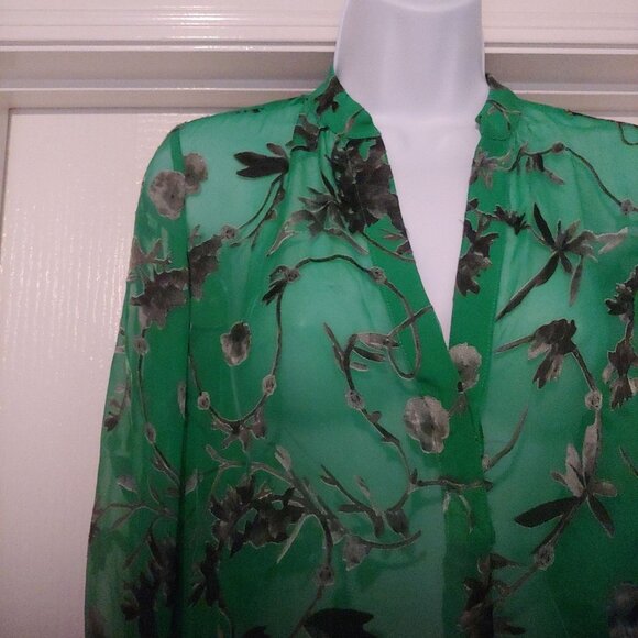 Alice & Olivia Burnout Velvet L-Sleeve Kelly Green/Grey Whimsy Sheer Blouse XS - Picture 4 of 13